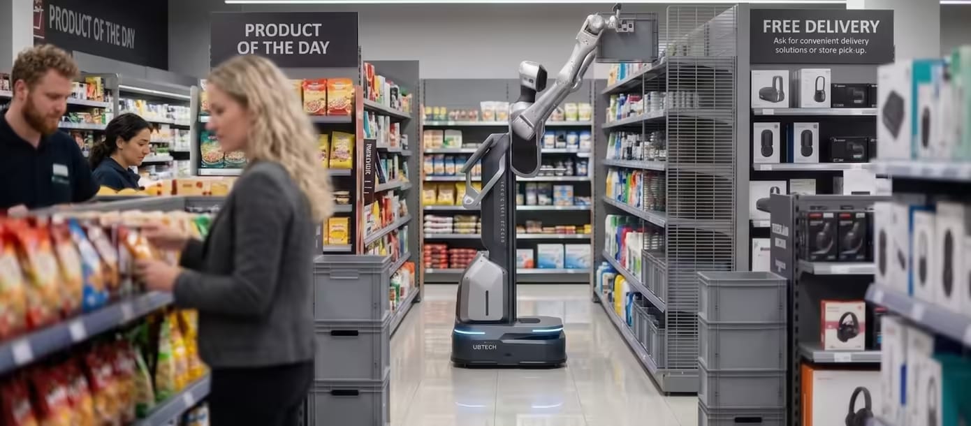 Kétkarú robot mozgó alapzaton nyúl az üzlet felső polcára, az előtérben vásárlók válogatnak