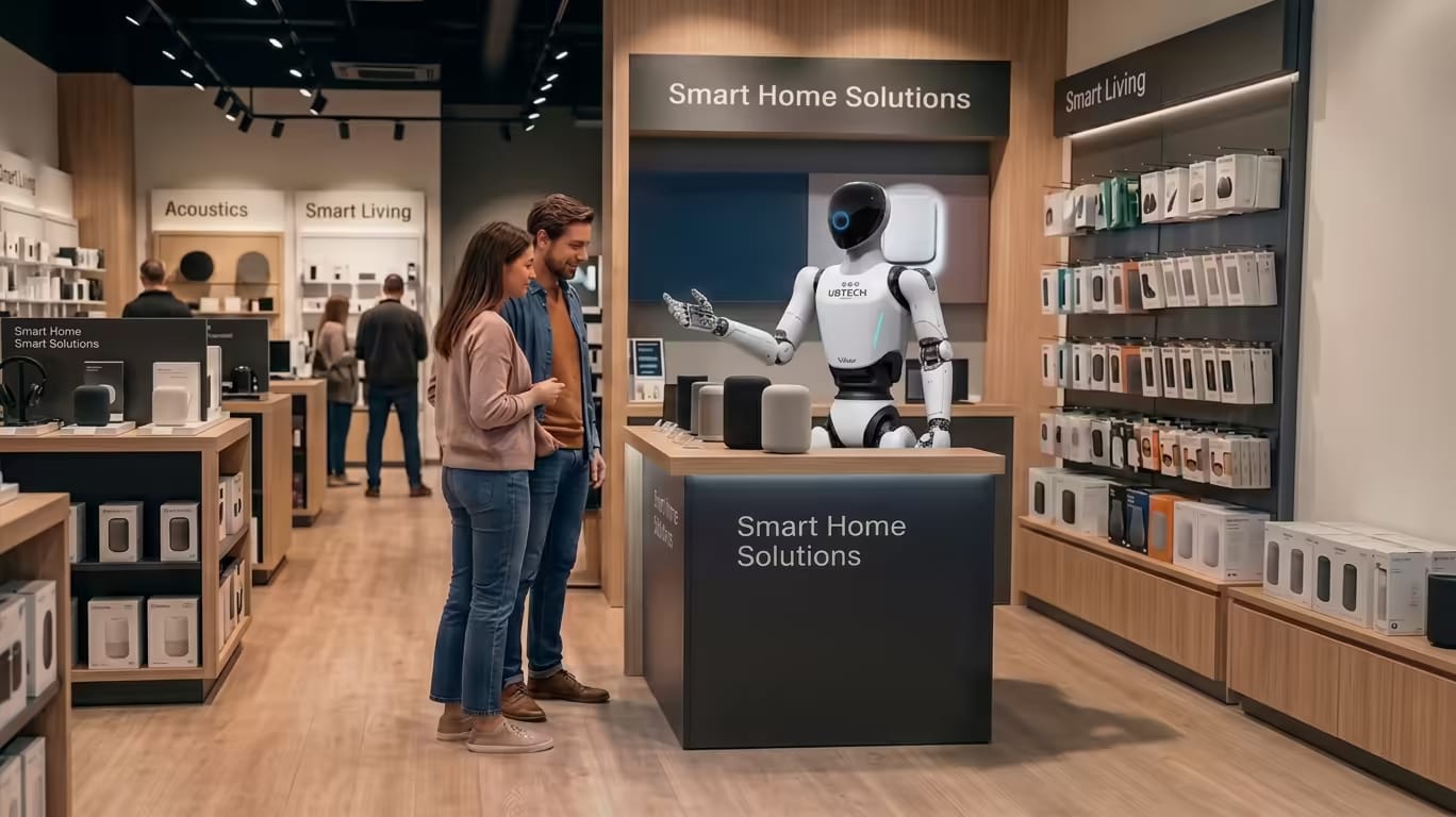 Humanoid robot egy okosotthon-pult mögött tanácsot ad egy párnak egy elektronikai üzletben