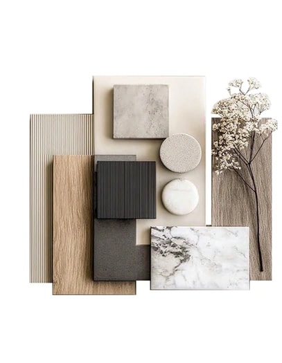 Materialpalette für die Büros: Muster von Holz, Textilien und hellen Oberflächen