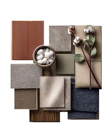 Materialpalette für das Erdgeschoss: Muster von Beton, Holz, Textilien und Leder