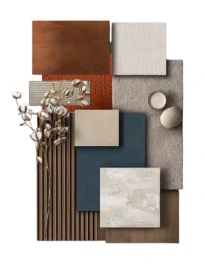Materialpalette für das Restaurant: Muster von Oberflächen und Textilien