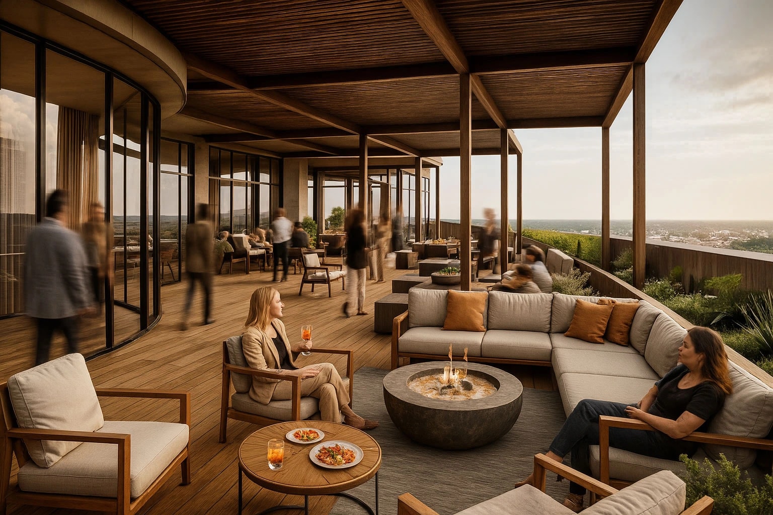 Rendering des Dachrestaurants im HIPROHUB-Gebäude mit Aussicht