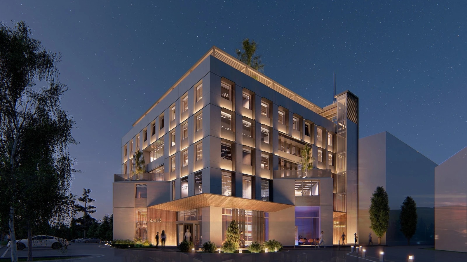 Render stavbe HIPROHUB v modri uri, z osvetljenim pritličjem