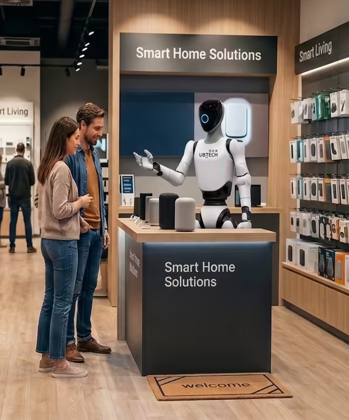 Humanoid robot egy okosotthon-pult mögött tanácsot ad egy párnak egy elektronikai üzletben