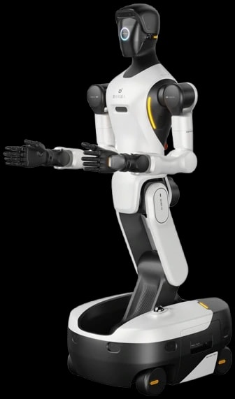 Robot AgiBot G2 na kolesnem podvozju z iztegnjenima rokama