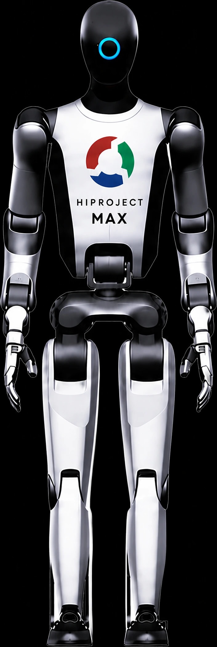 Humanoider Roboter HIPROJECT MAX in voller Höhe, Markenrendering auf schwarzem Hintergrund