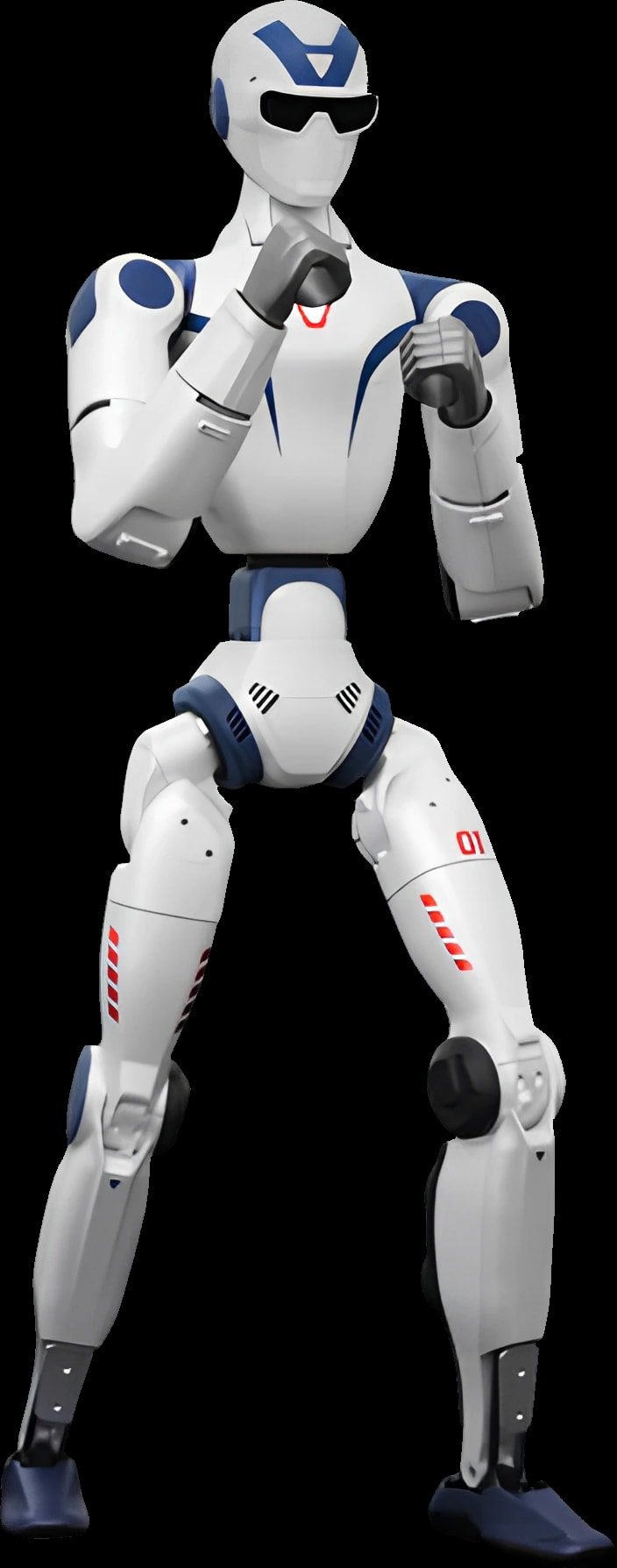 Humanoider Roboter Unitree R1 in Boxhaltung, weiße Ausführung