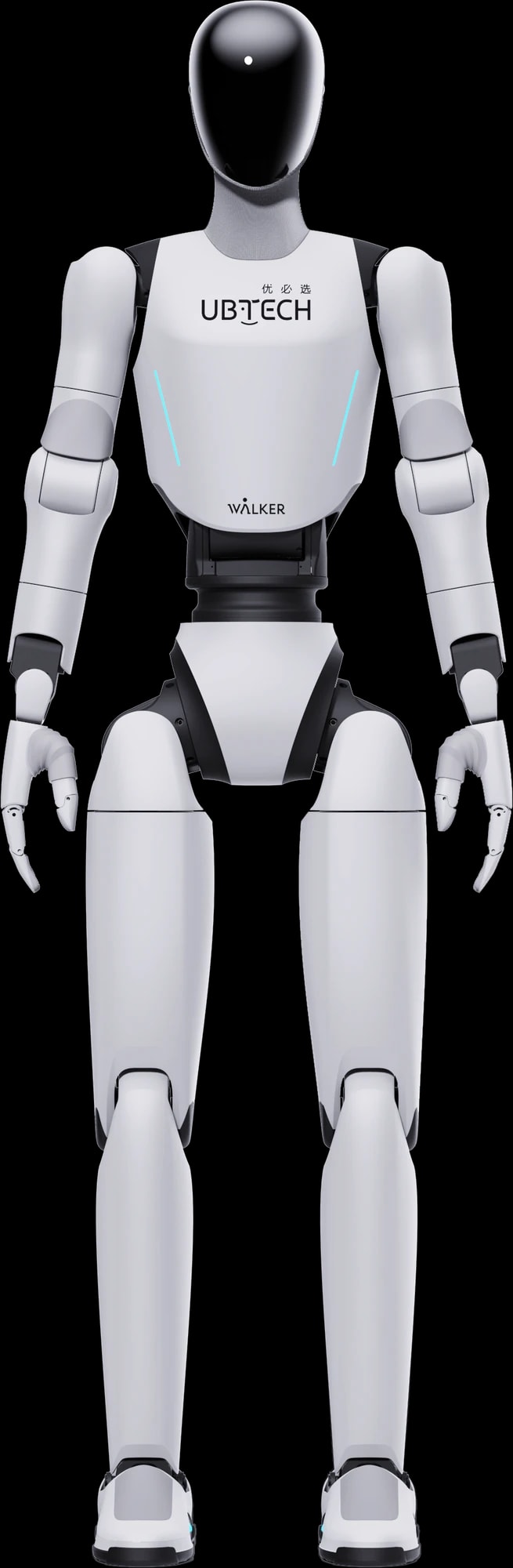 Humanoider Roboter Walker C1 im Ballettsprung mit gestreckten Beinen, offizieller Hersteller-Render, ohne Hintergrund