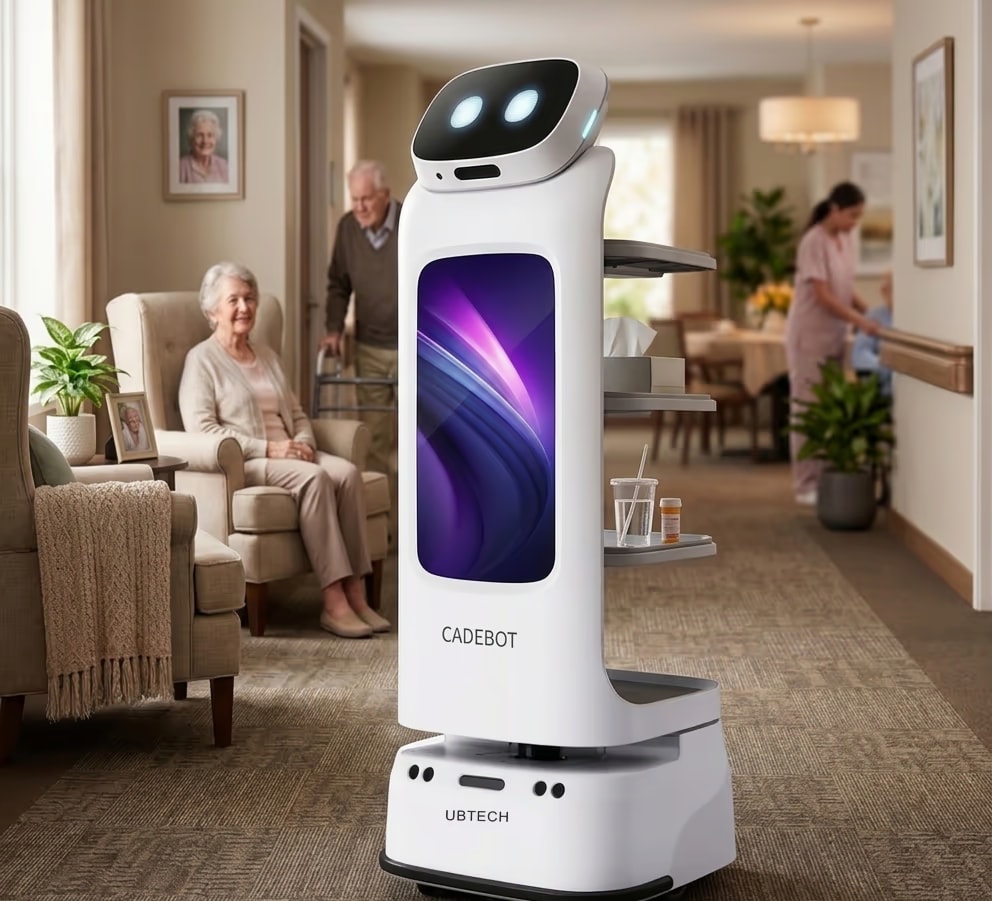 El robot CADEBOT con sus bandejas en la zona de estar de una residencia de mayores, al fondo residentes y una cuidadora. Ilustración.