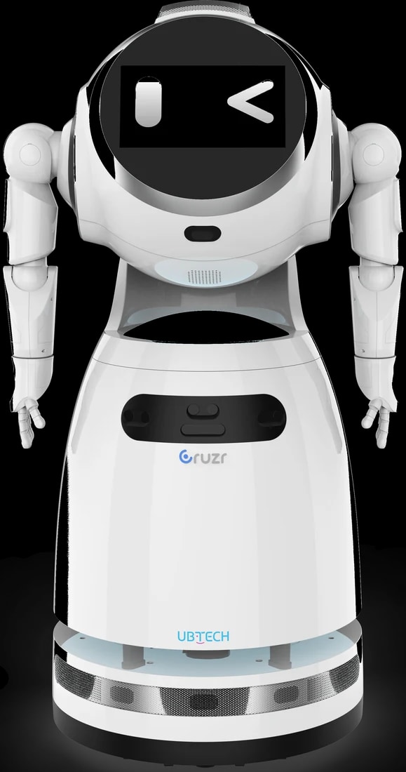 A Cruzr 1S robot elölről, széttárt karokkal és arckifejezéssel a kijelzőn, a gyártó hivatalos renderje, háttér nélkül