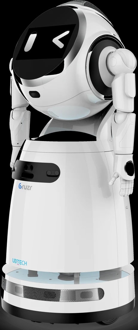 A Cruzr 1S robot oldalról, látható kerekes alapzattal és érzékelőgyűrűvel, a gyártó hivatalos renderje, háttér nélkül