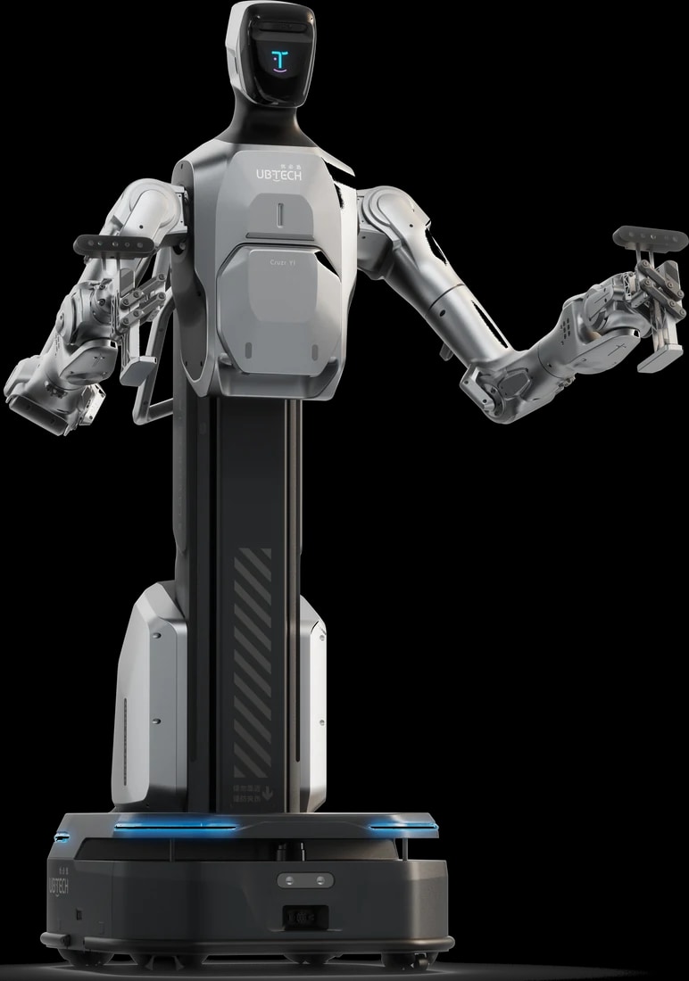 El robot Cruzr Y1 con ambos brazos abiertos, render oficial del fabricante, sin fondo