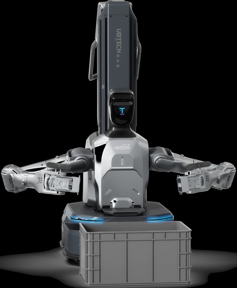 El robot Cruzr Y1 sobre una caja, ambos brazos extendidos con las pinzas, render oficial del fabricante, sin fondo