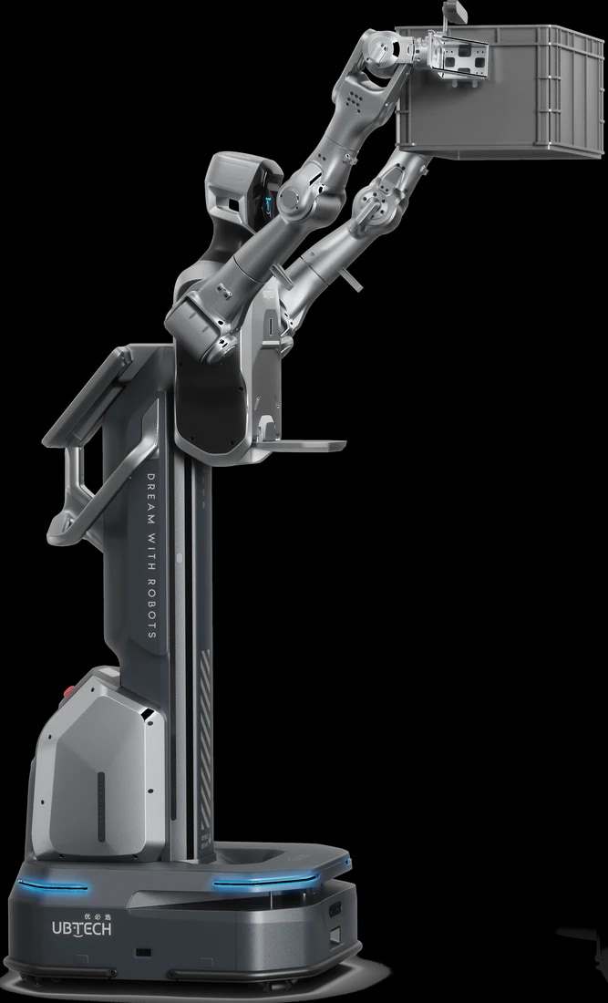 El brazo del robot Cruzr Y1 elevado sobre un puesto de trabajo, render oficial del fabricante, sin fondo