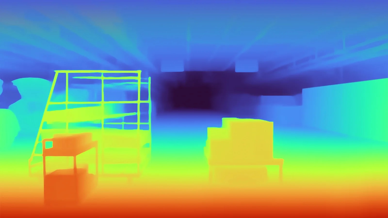 Tiefenkarte einer Lagerszene in Regenbogenfarben, wie sie das binokulare Sichtsystem des Roboters sieht: nähere Flächen rot und gelb, entfernte blau.