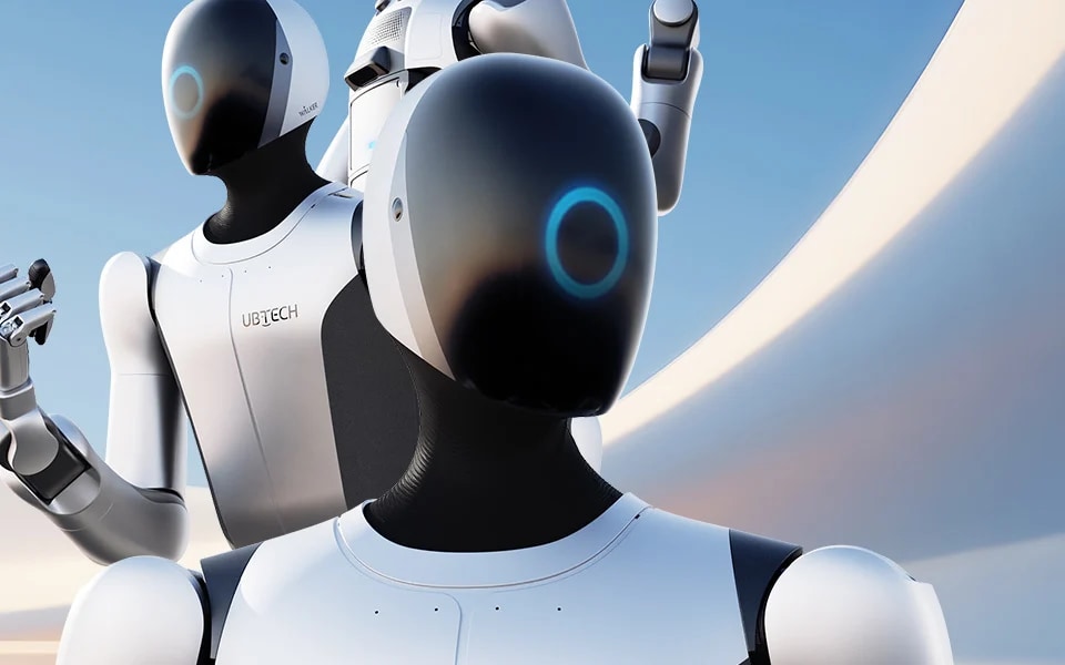 Kopf des Roboters Walker S2 mit blauem Lichtring in Nahaufnahme.