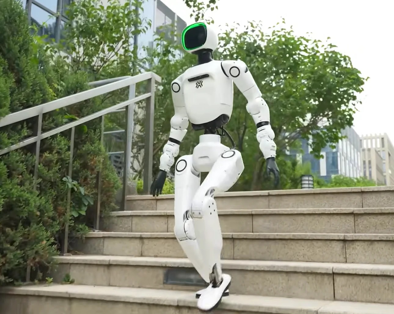 Roboter OMNI geht zwischen Bäumen eine Steintreppe im Freien hinunter, der Kopf mit dem grünen Ring in Gehrichtung gedreht