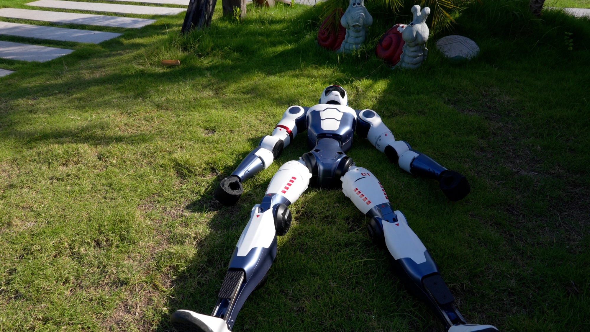 Der Roboter R1 liegt im Gras, bevor er sich auf die Beine stellt