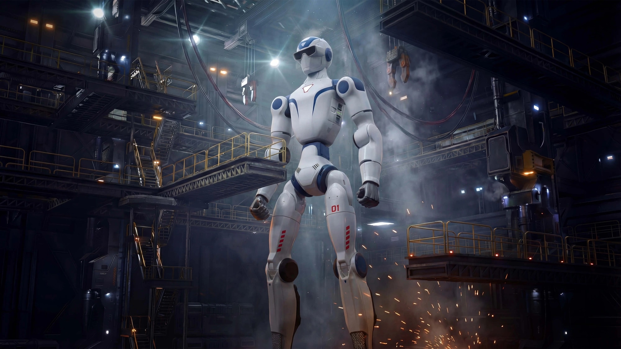 Der Roboter R1 steht in einer Industriehalle, im Hintergrund fliegen Funken