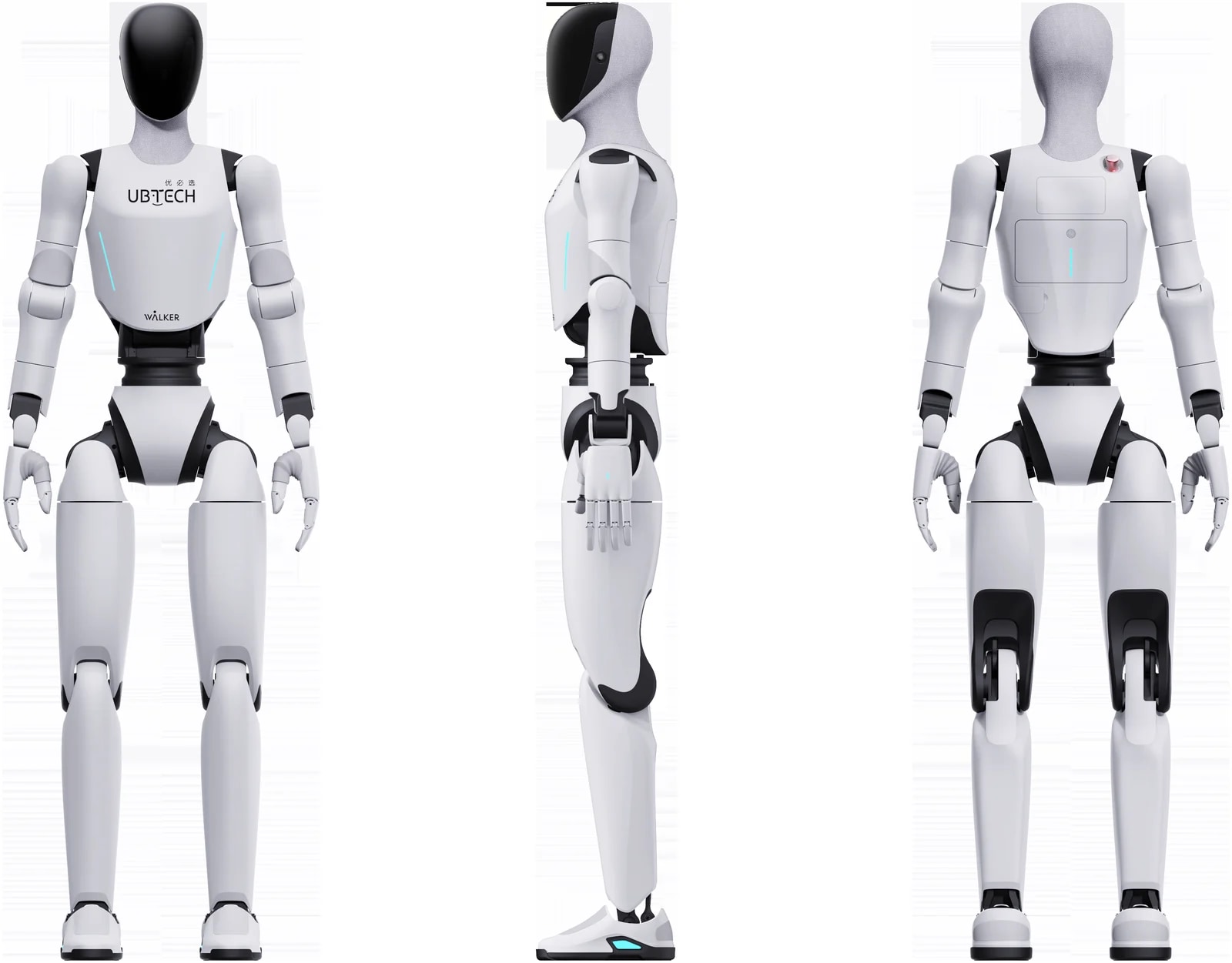 Der humanoide Roboter Walker C1 in drei Ansichten: von vorn, von der Seite und von hinten, offizieller Render des Herstellers ohne Text