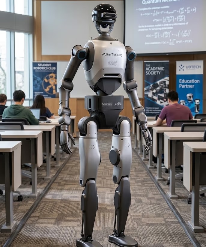 Humanoidni robot v svetlem laboratoriju, predavatelj in dijaki ga opazujejo