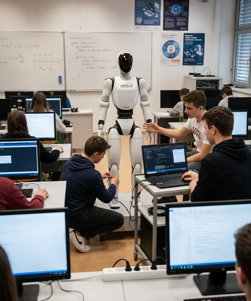 Humanoidni robot v računalniški učilnici, dijaki ob njem programirajo na prenosniku in računalnikih