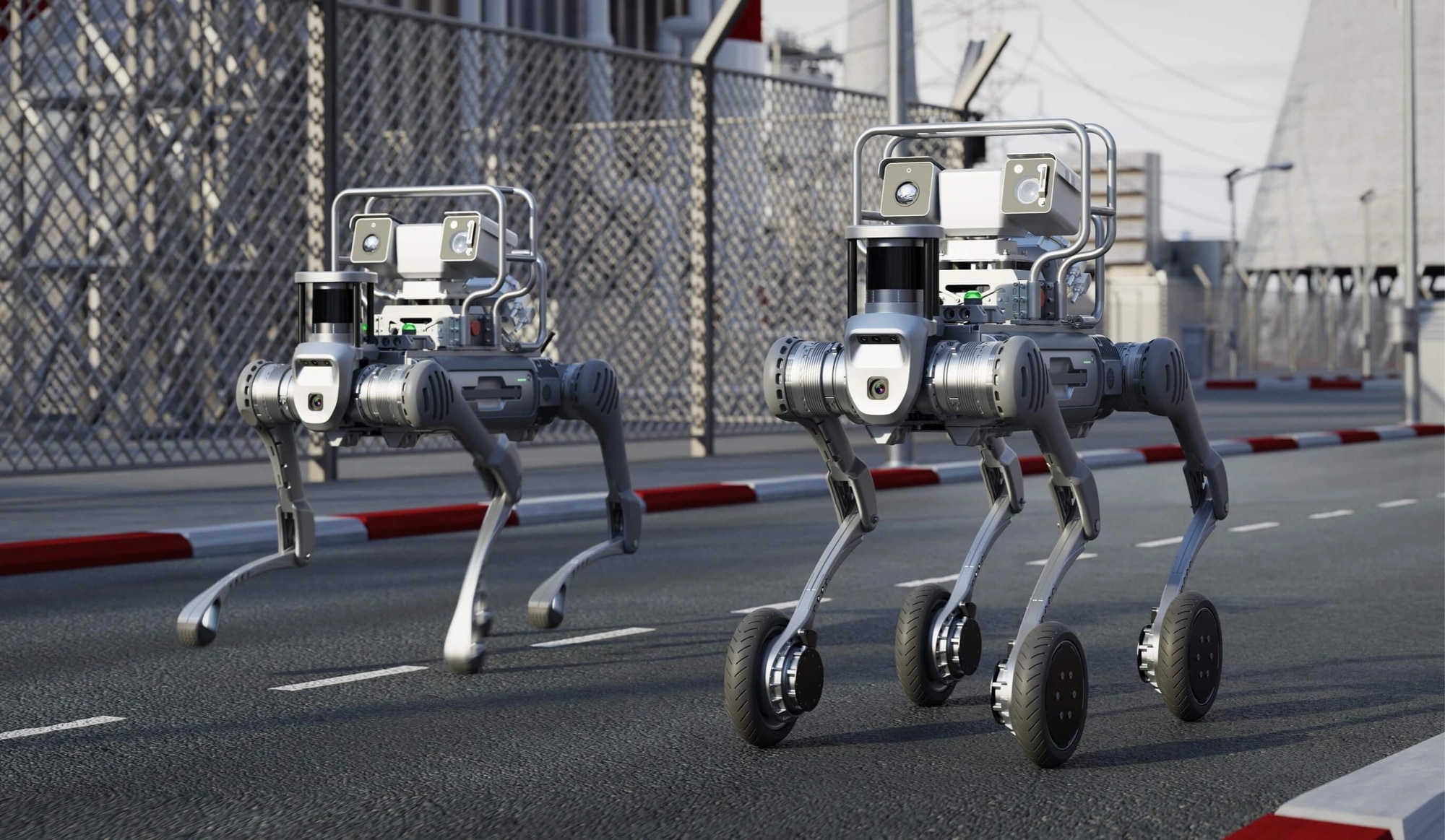 Dva robota B2-W na cesti ob varnostni ograji