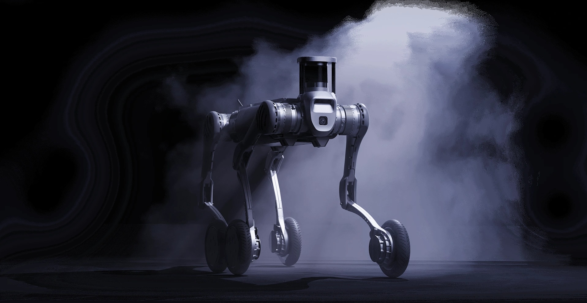 Robot B2-W vozi skozi dim v temnem studiu