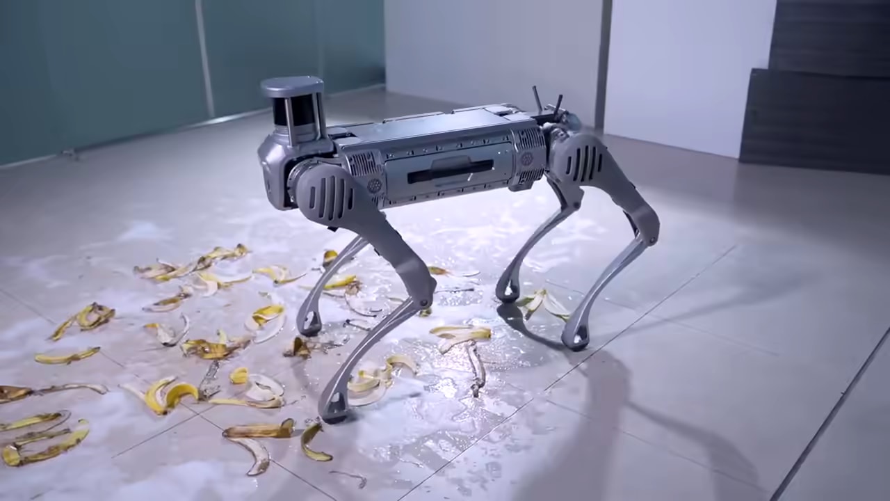 Robot B2 hodi po tleh, posutih z olupki in ovirami, ter čez leseni drog