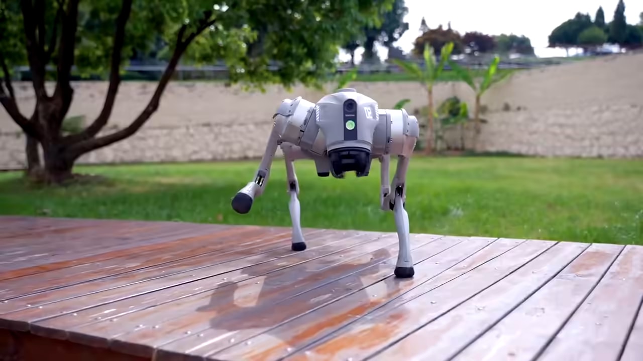 Robot Go2 skače čez razmaknjene deske lesenega mostu
