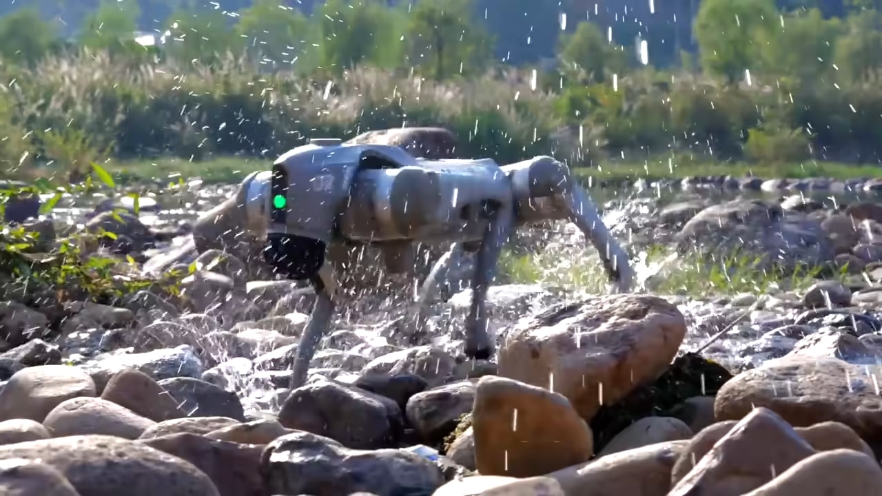 Robot Go2 hodi čez kamenje ob rečni strugi
